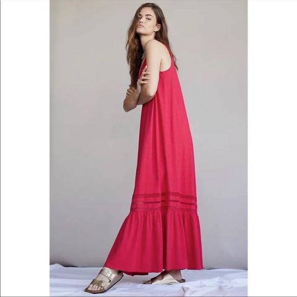 ANTHROPOLOGIE Lace Maxi Dress Tiered Flounce Hem Pullover Fuchsia M NWT - Picture 8 of 8